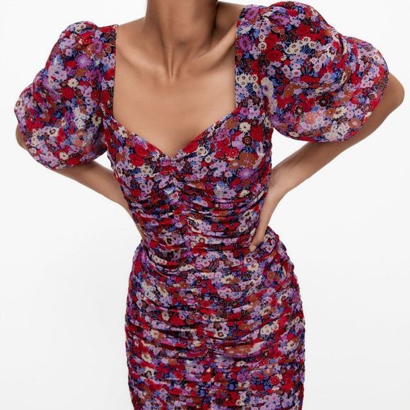 ZARA Floral Printed Dress With Ruching size medium - Picture 1 of 15